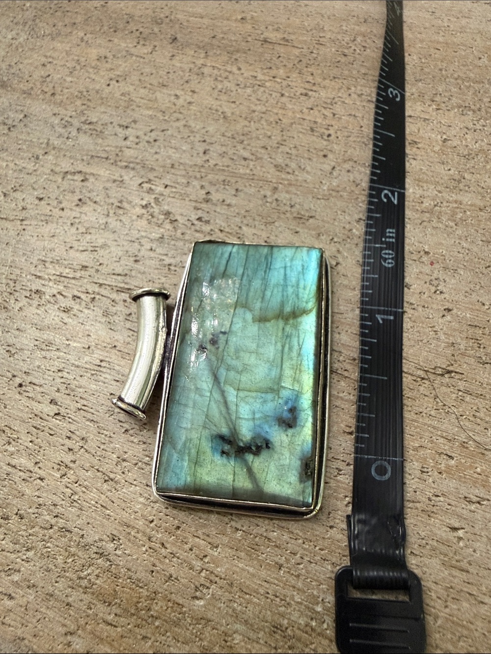 Rectangular Labradorite Pendant in Blue-Green Iridescence - Picture 2 of 4